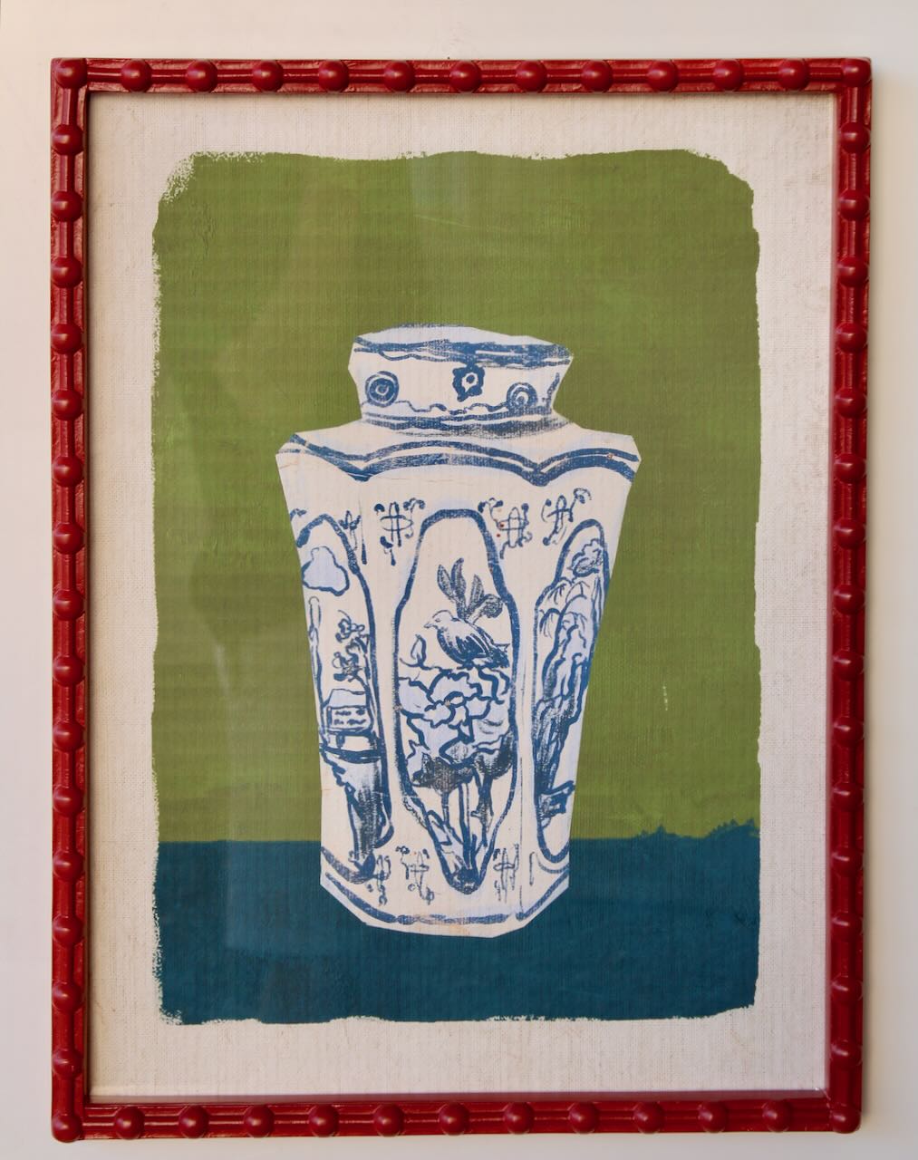 Framed Art - Red Framed Blue & White Ginger Jar