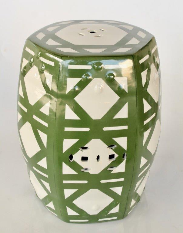 Garden Stool - Ceramic Green Patterned Hexagon