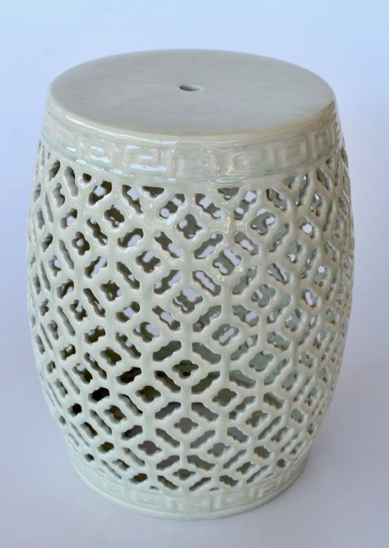 Garden Stool - Ceramic Pale Green Cutout Cracked Glaze
