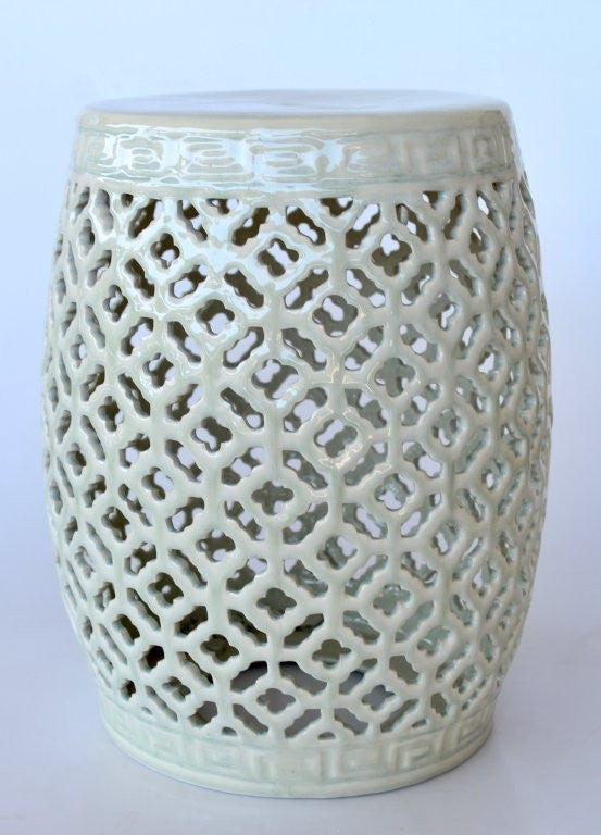 Garden Stool - Ceramic Pale Green Cutout Cracked Glaze
